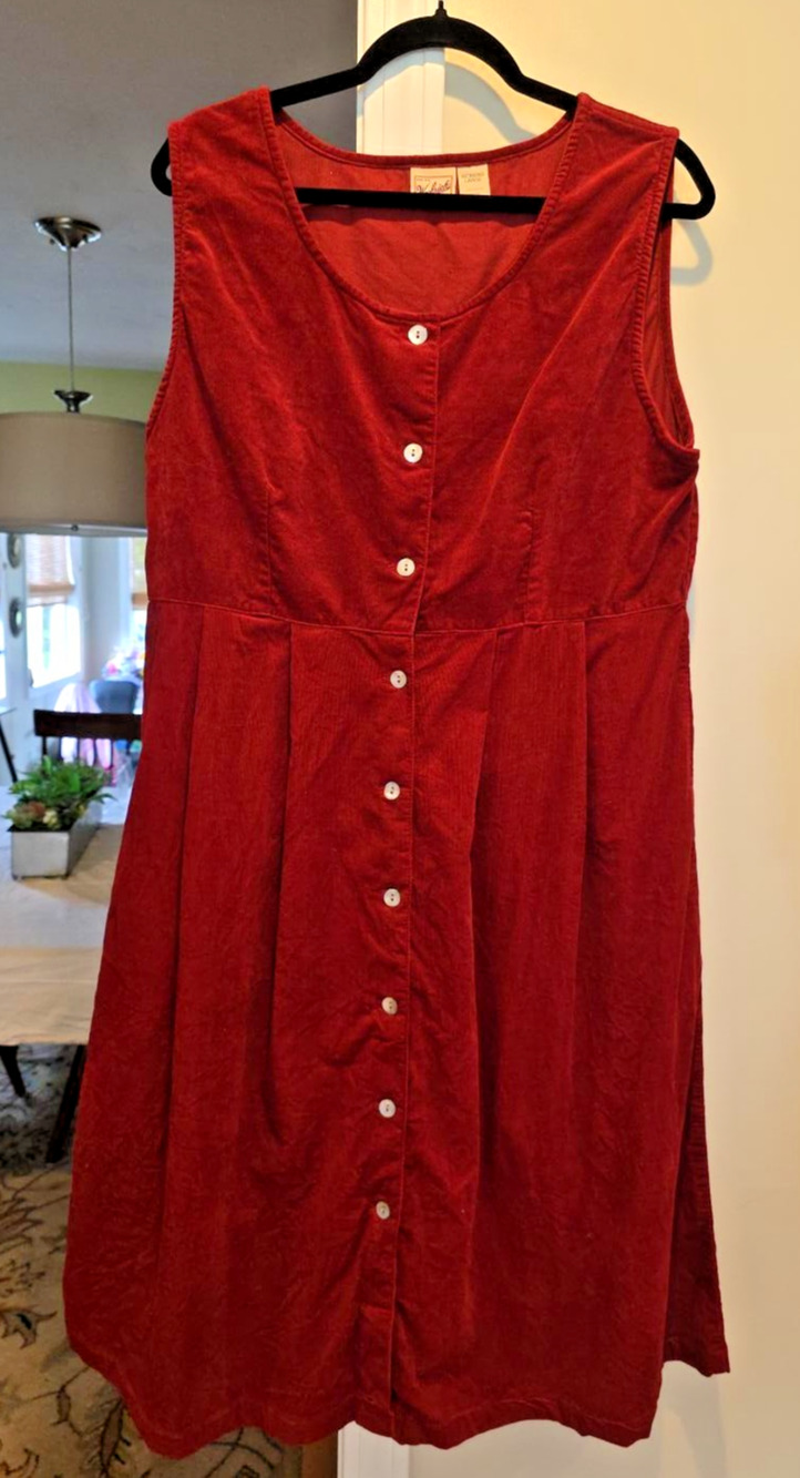 VTG Corduroy Jumper Dress Large Red Cottage Long Button Front